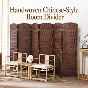 Handmade wicker folding room divider with wooden chair detail, natural woven screen furniture.