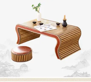 Traditional Chinese bamboo tatami tea table and matching stool set for study and tea ceremony.
