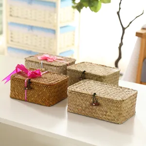 Woven straw storage basket with lid desktop organizer handmade wicker box for home decor