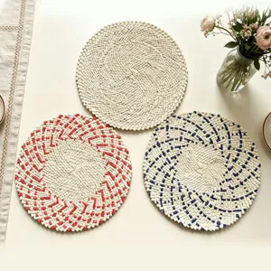 Handmade woven round placemats set, detailed view of eco-friendly table mats for dining.