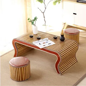 Bamboo tatami tea table set with round stools, vintage style low table for tea and study.
