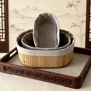 Ensemble de panier de rangement en bambou fait main avec doublure, organiseur ovale.