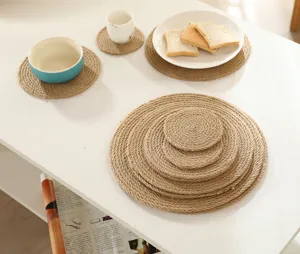 Natural jute braided round placemats and coasters set, rustic table mat for dining room.