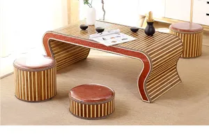 Traditional bamboo coffee table set with round stools, perfect for tea ceremony and tatami room.