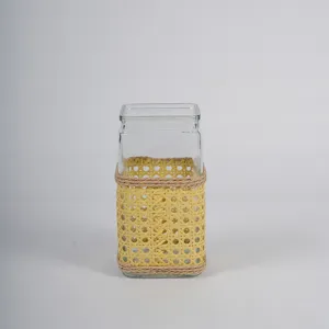 Handmade rattan woven glass vase with hemp rope detail, vintage rustic hydroponic plant container.