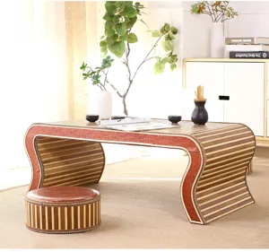Bamboo tatami low tea table and stool set, retro style for Chinese study and tea ceremony.