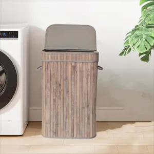 Foldable Bamboo Laundry Hamper with Lid Large Capacity Washed Grey Woven Storage Basket for Dirty Clothes Living Room