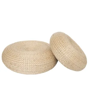 Natural straw woven tatami floor cushion, thick round pouf for living room and bedroom decor.