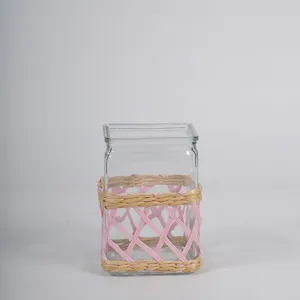 Handmade woven glass vase with rattan and pink rope wrap, retro home decor hydroponic bottle.