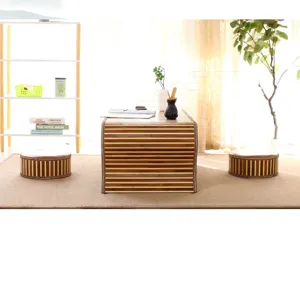 Bamboo tatami tea table and low stools set, traditional style meditation desk for home study and tea room.