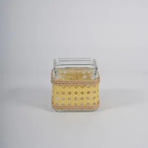 Handmade rattan glass vase detail, retro woven hydroponic bottle with jute rope decoration.