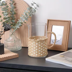 Handmade woven straw glass pitcher cup sleeve home decor minimalist aesthetic tabletop display