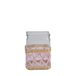 Handmade rattan glass vase for dry flowers hydroponics retro woven decorative desktop plant