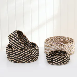 Handmade woven storage basket round straw organizing bin for home toy desktop tidy 89c