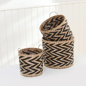 Handwoven straw storage basket set with metal handles, black and natural chevron pattern home decor