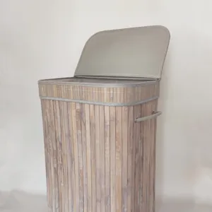 Foldable bamboo laundry hamper with lid, large capacity dirty clothes storage basket.