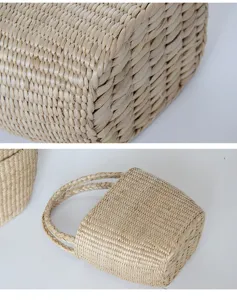 Handmade woven straw mini bag detail, natural cattail material, stylish summer beach handbag.