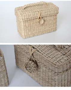 Caja de almacenamiento de paja tejida hecha a mano con tapa, organizador de escritorio.