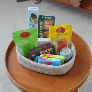 Cotton rope woven storage basket, oval desktop organizer for home sundries, durable decorative bin.