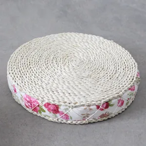 Handmade straw woven cushion round tatami mat with floral edge futon window pad