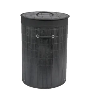 Black bamboo laundry basket with lid foldable clothes hamper storage bucket for home
