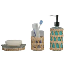 Natural woven glass bathroom accessory set, including soap dispenser, toothbrush holder, soap dish.
