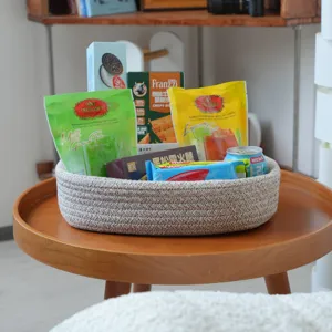 Cotton rope storage basket woven round organizer decorative container for home daily use.