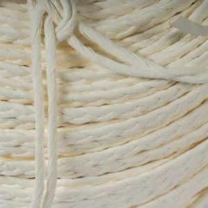 Detailopname van de textuur van geweven wit papieren touw voor DIY kattenkrabpaal.