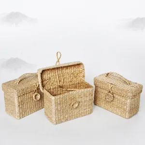 Estilo Pastoral Caja de Almacenamiento Tejida de Paja Hecha a Mano Con Tapa Pequeña Cesta de Almacenamiento Rectangular