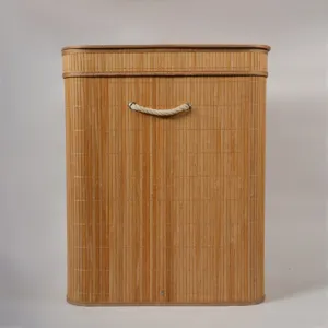 Bamboo laundry basket detail, woven storage hamper with lid and rope handle for home bedroom.