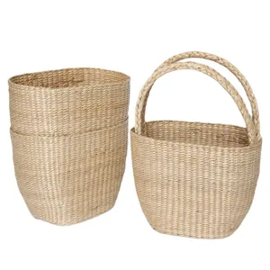 Handmade natural cattail straw woven basket set, storage organizer and beach bag daily use.