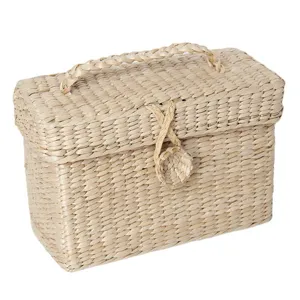Caja de almacenamiento de paja natural con tapa y asa, cesta rústica de escritorio para hogar.