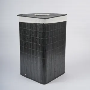 Cesto de ropa plegable de bambú negro cesta de almacenamiento de esquina con borde de tela y cuerda.