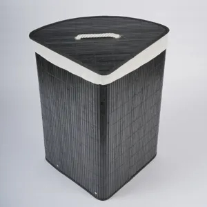 Cesta de ropa esquinera de bambú negro plegable organizador con borde de tela y asa