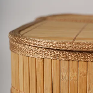 Detailed view of natural woven bamboo storage basket edge, showing exquisite craftsmanship.