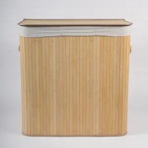 Detail view of foldable bamboo laundry basket with fabric lid and rope handles.