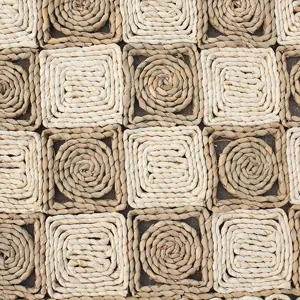 Close-up shot of hand-woven straw mat texture, natural plant fiber geometric pattern detail