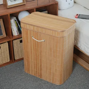 Bamboo Woven Laundry Basket Large Storage Hamper With Flip Lid And Partition For Bedroom Living Room