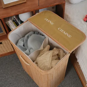 Bamboo woven laundry hamper basket with dual compartments flip top lid detail display.