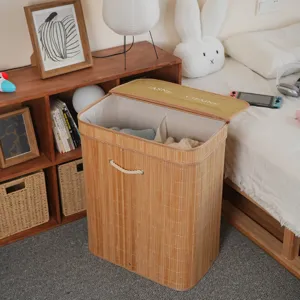 Bamboo laundry hamper with lid, foldable dirty clothes storage basket for bedroom.