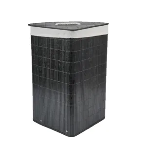 Cesta para la ropa sucia negra de bambú plegable con tapa y asa de cuerda para el hogar.