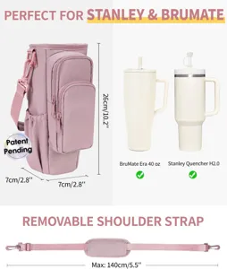 Detailed view of pink water bottle pouch showing dimensions and removable shoulder strap.