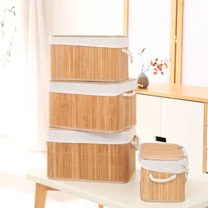 Set di Scatole Portaoggetti Tessute in Bambù Naturale con Coperchio e Manici in Corda di Cotone Cesti Tessuti per Varie Cosmetici Giocattoli