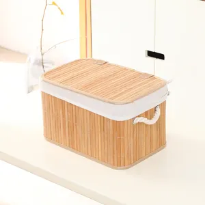 Scatola di Immaginazione in Bambù con Coperchio Bordo in Tessuto Organizer Scrivania
