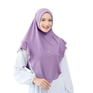Hijab pullover viola in cotone cristallo elastico da donna, eleganti dettagli con volant.