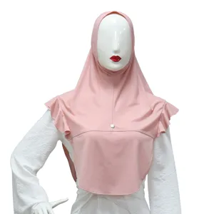 Hijab elastico in cotone cristallo rosa con volant dettagli, foulard comodo donna.