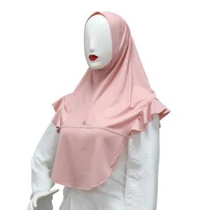 Rosa elastica cristallo cotone slip-on hijab sciarpa con dettagli di volant graziosi.