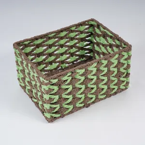 Square handmade woven storage basket for desktop entryway keys and cosmetics organization.
