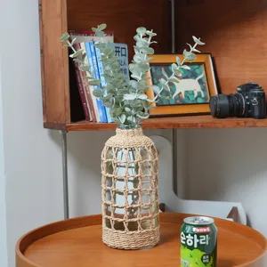 Vase en Verre Tissé à la Main en Paille Papier Style Rustique Naturel Décoration de Maison Vase à Fleurs Décoratif de Table