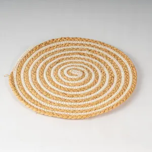 Handmade round woven placemat raffia and cotton rope spiral heat resistant table mat.